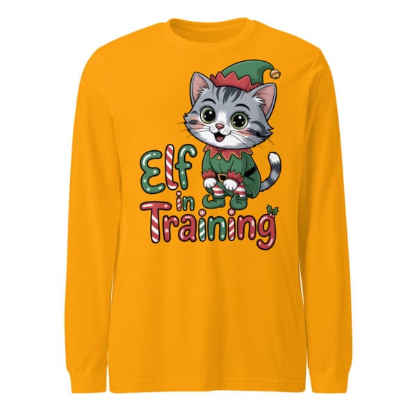 Cheerful kitten dressed in a full Christmas elf costume with hat and bell on a long sleeve tee for cat moms and dads