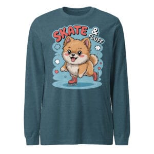 Adorable Pomeranian dog gliding on ice skates with Skate & Fluff text on a long sleeve tee for dog moms and dads