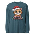 Festive ginger kitten wearing a cozy Santa hat with Meowy Christmas holiday pun on a long sleeve tee for cat moms and dads