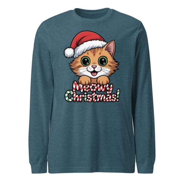 Festive ginger kitten wearing a cozy Santa hat with Meowy Christmas holiday pun on a long sleeve tee for cat moms and dads