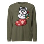 Adorable chibi Siberian Husky puppy peeking out of a Christmas stocking on a long sleeve tee for dog moms and dads