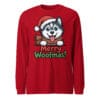 Cheerful Siberian Husky puppy wearing a Santa hat and scarf with Merry Woofmas text on a unisex long sleeve tee for dog moms and dads