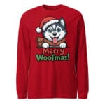 Cheerful Siberian Husky puppy wearing a Santa hat and scarf with Merry Woofmas text on a unisex long sleeve tee for dog moms and dads