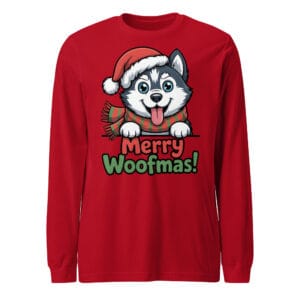 Cheerful Siberian Husky puppy wearing a Santa hat and scarf with Merry Woofmas text on a unisex long sleeve tee for dog moms and dads