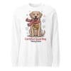 Cheerful Labrador wearing a red and white scarf and a Good Boy medal on an original design long sleeve tee for dog moms and dads
