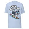 Cheerful Siberian Husky with goggles snowboarding with Snow Much Fun text on a winter t-shirt for dog moms and dads