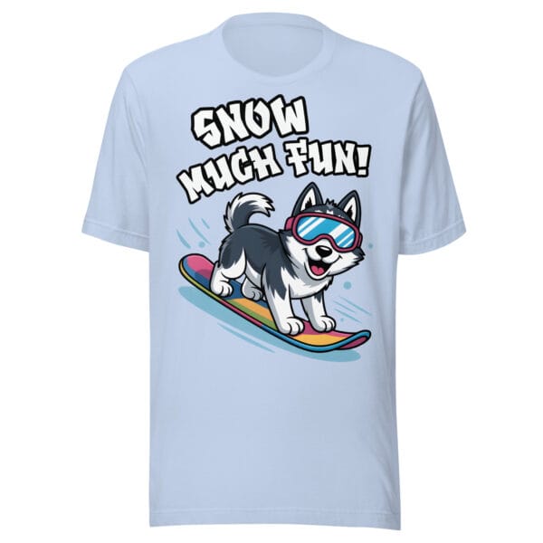 Cheerful Siberian Husky with goggles snowboarding with Snow Much Fun text on a winter t-shirt for dog moms and dads
