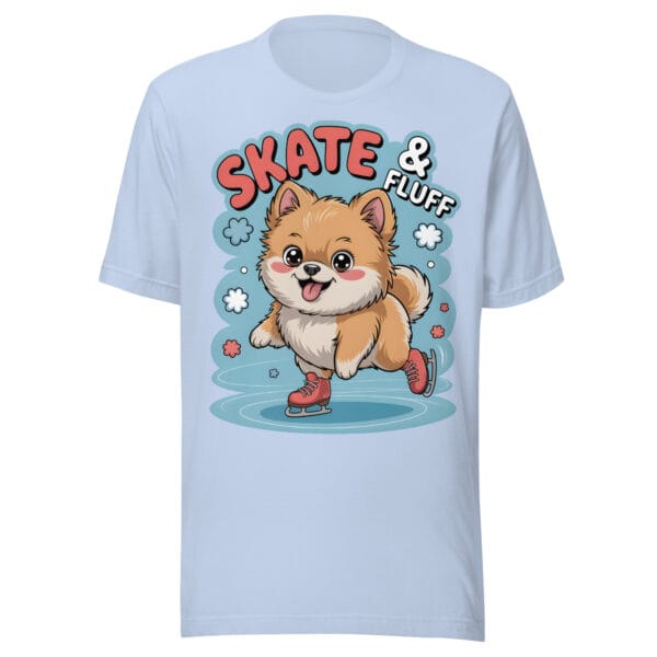 Adorable Pomeranian dog ice skating and Skate & Fluff text on a winter t-shirt for dog moms and dads