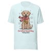 Cheerful Labrador wearing a red and white scarf and a Good Boy medal on a winter t-shirt for dog moms and dads