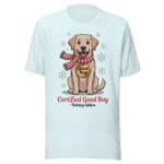 Cheerful Labrador wearing a red and white scarf and a Good Boy medal on a winter t-shirt for dog moms and dads