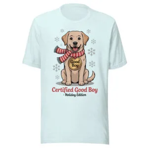 Cheerful Labrador wearing a red and white scarf and a Good Boy medal on a winter t-shirt for dog moms and dads