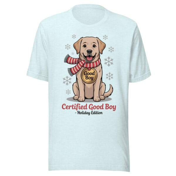 Cheerful Labrador wearing a red and white scarf and a Good Boy medal on a winter t-shirt for dog moms and dads