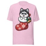 Adorable chibi Siberian Husky puppy peeking out of a Christmas stocking on a pink t-shirt for dog moms and dads