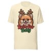 Cheerful Pomeranian puppy wearing reindeer antlers and jingle bells on a Rein-fur Baby t-shirt for dog moms and dads
