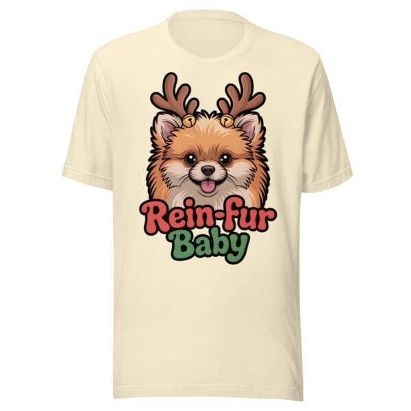 Cheerful Pomeranian puppy wearing reindeer antlers and jingle bells on a Rein-fur Baby t-shirt for dog moms and dads