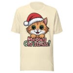 Festive ginger kitten wearing a cozy Santa hat with Meowy Christmas holiday pun on a t-shirt for cat moms and dads