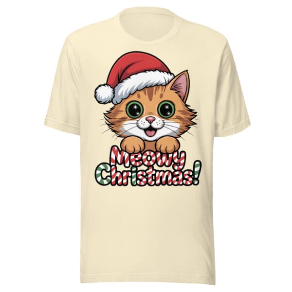 Festive ginger kitten wearing a cozy Santa hat with Meowy Christmas holiday pun on a t-shirt for cat moms and dads
