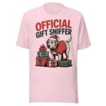 Funny Labrador dog in Santa hat and coat with Official Gift Sniffer text on a t-shirt for dog moms and dads