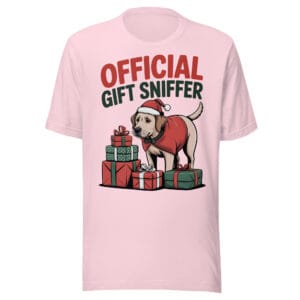 Funny Labrador dog in Santa hat and coat with Official Gift Sniffer text on a t-shirt for dog moms and dads