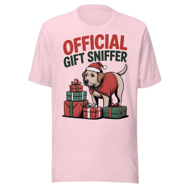 Funny Labrador dog in Santa hat and coat with Official Gift Sniffer text on a t-shirt for dog moms and dads