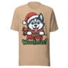 Cheerful Siberian Husky puppy wearing a Santa hat and scarf with Merry Woofmas text on a t-shirt for dog moms and dads