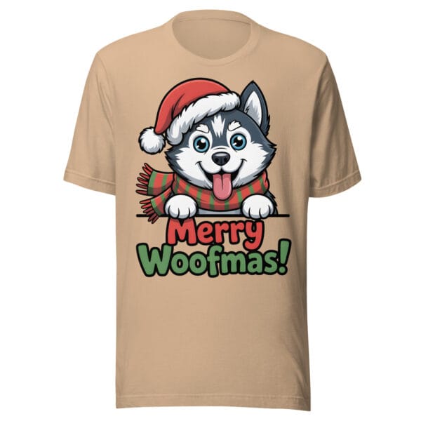 Cheerful Siberian Husky puppy wearing a Santa hat and scarf with Merry Woofmas text on a t-shirt for dog moms and dads