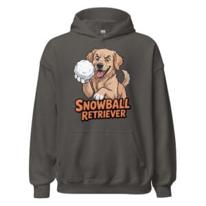 Cheerful Golden Retriever puppy throwing a snowball with a mischievous grin on a hoodie gift for dog moms and dads
