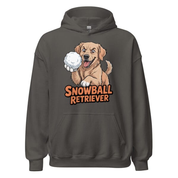 Cheerful Golden Retriever puppy throwing a snowball with a mischievous grin on a hoodie gift for dog moms and dads