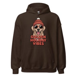Smiling Golden Retriever puppy with beanie and sunglasses, Golden Holiday Vibes hoodie for dog moms and dads