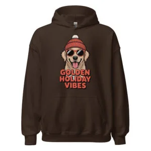 BlizzStyle - Home Smiling Golden Retriever puppy with beanie and sunglasses, Golden Holiday Vibes hoodie for dog moms and dads