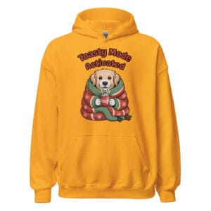 Kawaii Golden Retriever puppy wrapped in a blanket with hot cocoa on a Christmas hoodie winter fashion gift for pet parents