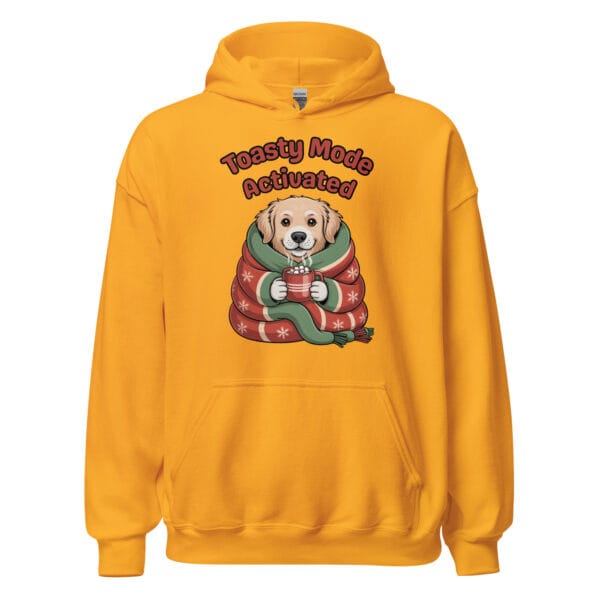 Kawaii Golden Retriever puppy wrapped in a blanket with hot cocoa on a Christmas hoodie winter fashion gift for pet parents