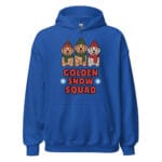 Three Golden Retriever puppies in matching winter gear with Golden Snow Squad text on a hoodie for dog moms and dads