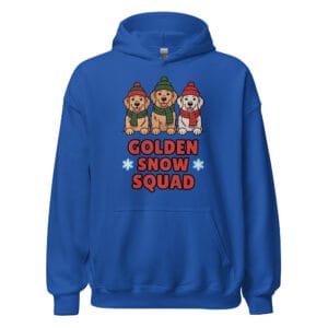 Three Golden Retriever puppies in matching winter gear with Golden Snow Squad text on a hoodie for dog moms and dads