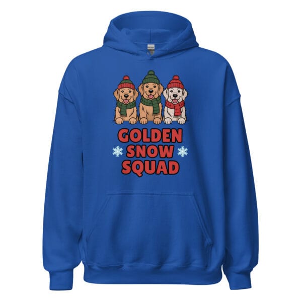 Three Golden Retriever puppies in matching winter gear with Golden Snow Squad text on a hoodie for dog moms and dads