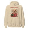 Cheerful Golden Retriever puppy popping out of a Christmas gift box with Merry Woofmas text on a unisex hoodie gift for dog moms and dads