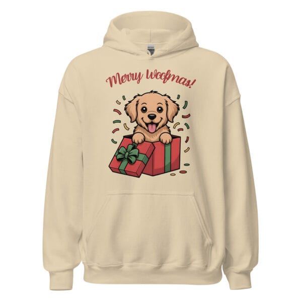 Cheerful Golden Retriever puppy popping out of a Christmas gift box with Merry Woofmas text on a unisex hoodie gift for dog moms and dads