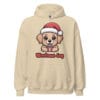 Kawaii Golden Retriever puppy with Santa hat on a cozy pink Christmas hoodie winter fashion