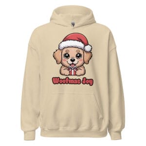 Kawaii Golden Retriever puppy with Santa hat on a cozy pink Christmas hoodie winter fashion