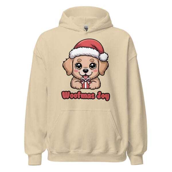 Kawaii Golden Retriever puppy with Santa hat on a cozy pink Christmas hoodie winter fashion