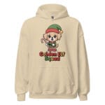 Kawaii Golden Retriever puppy Christmas elf squad design on sand color unisex hoodie