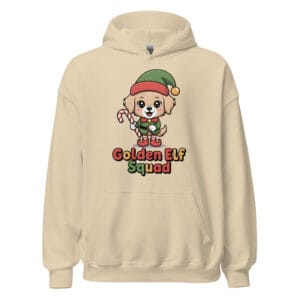 Kawaii Golden Retriever puppy Christmas elf squad design on sand color unisex hoodie