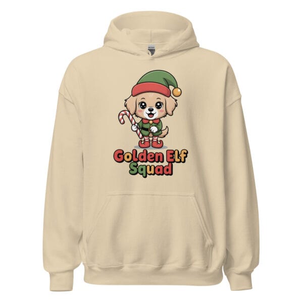 Kawaii Golden Retriever puppy Christmas elf squad design on sand color unisex hoodie