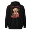 Cheerful Golden Retriever puppy popping out of a Christmas gift box with Merry Woofmas text on a unique back print zip hoodie gift for dog moms and dads