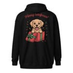 Cheerful Golden Retriever puppy popping out of a Christmas gift box with Merry Woofmas text on a unique back print zip hoodie gift for dog moms and dads