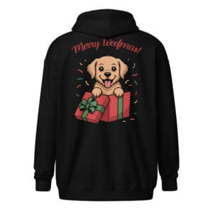 Cheerful Golden Retriever puppy popping out of a Christmas gift box with Merry Woofmas text on a unique back print zip hoodie gift for dog moms and dads