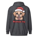 Kawaii Golden Retriever puppy with Santa hat holding a gift on a unique back print zip hoodie