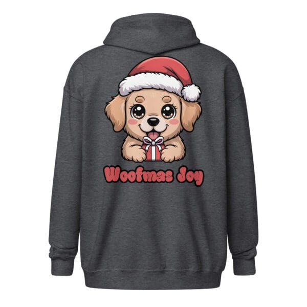 Kawaii Golden Retriever puppy with Santa hat holding a gift on a unique back print zip hoodie