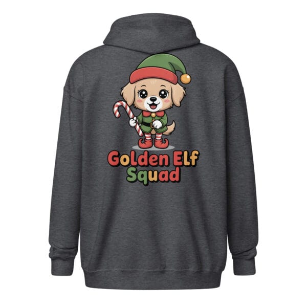 Cartoon dog in festive outfit.