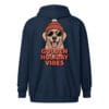 Smiling Golden Retriever puppy with beanie and sunglasses, Golden Holiday Vibes design on a unique back print zip hoodie for dog moms and dads